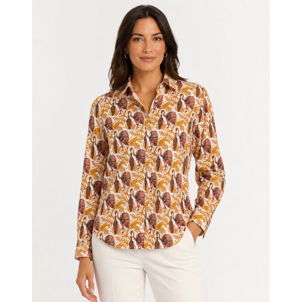 J.McLaughlin Lois Blouse XS Coral Bird Print Stretch Cotton Button Shirt NWT